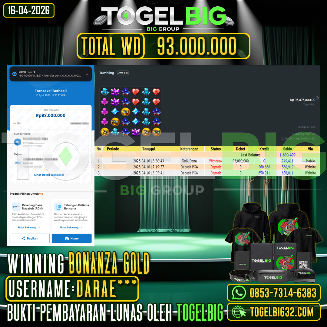 TOGELBIG  JACKPOT SLOT  BONANZA GOLD  RP.93.000.000,- LUNAS USER ID :  DARAE***