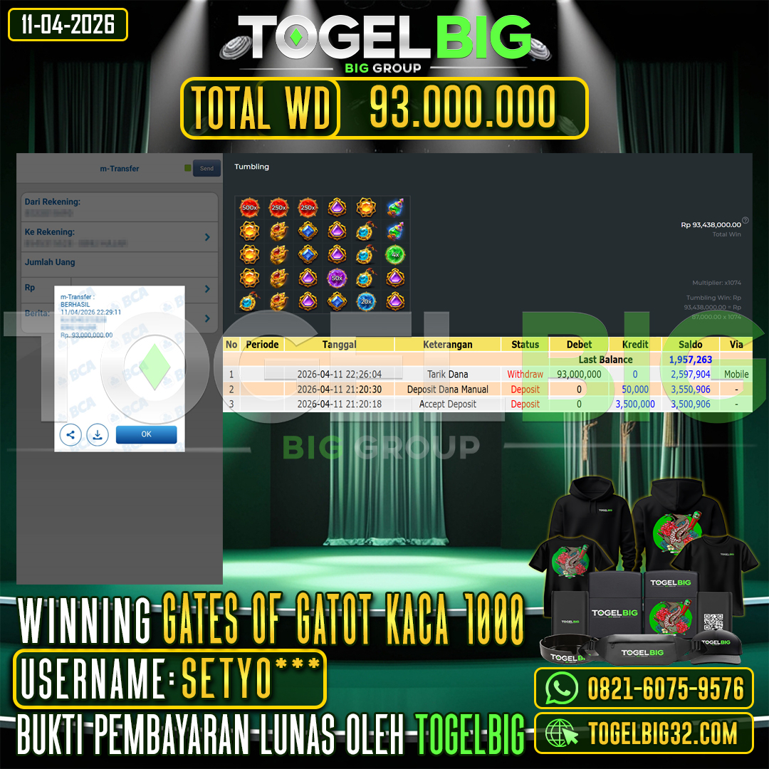 TOGELBIG  JACKPOT SLOT GATES OF GATOT KACA 1000 RP.93.000.000,- LUNAS USER ID :  SETYO***