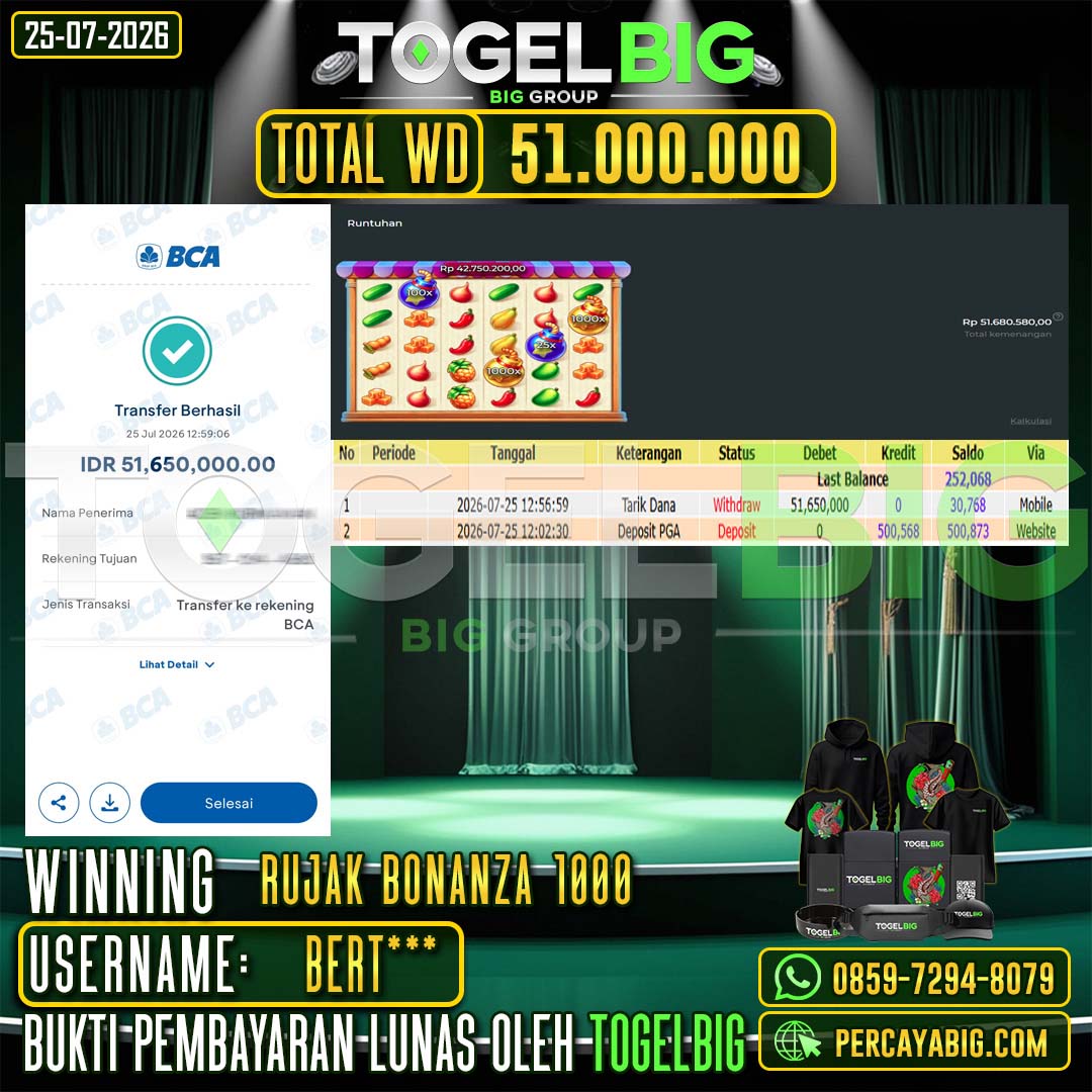 TOGELBIG  JACKPOT  SLOT RUJAK BONANZA 1000 RP.51.000.000,- LUNAS USER ID : BERT***