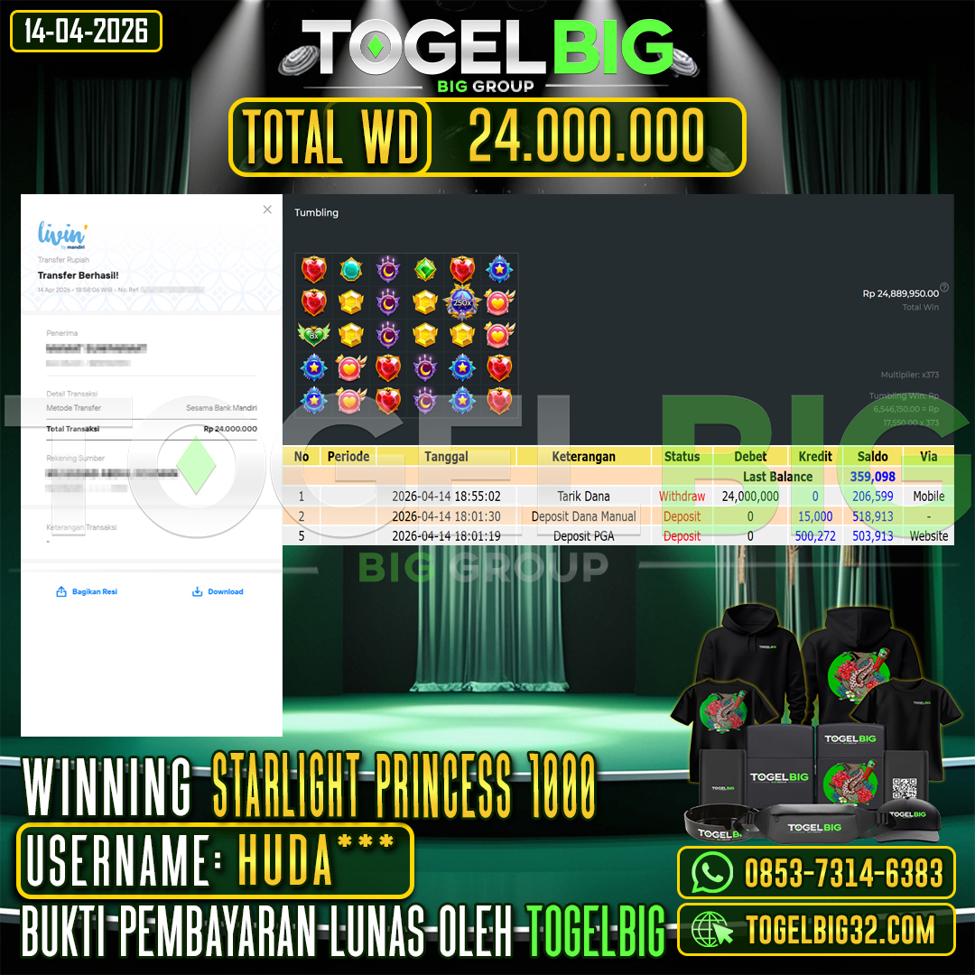 TOGELBIG  JACKPOT SLOT STARLIGHT PRINCESS 1000  RP.24.000.000,- LUNAS USER ID :  HUDA***