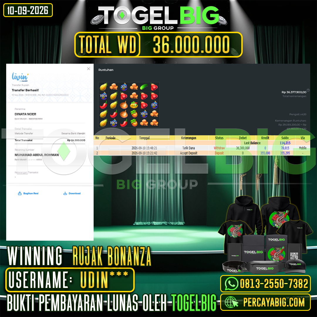 TOGELBIG JACKPOT SLOT RUJAK BONANZA RP.36.000.000,- LUNAS USER ID : UDIN***