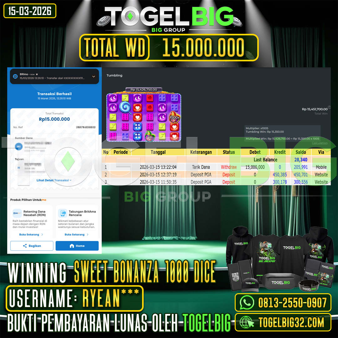 TOGELBIG  JACKPOT SLOT SWEET BONANZA 1000 DICE  RP.15.000.000,- LUNAS USER ID :  RYEAN***