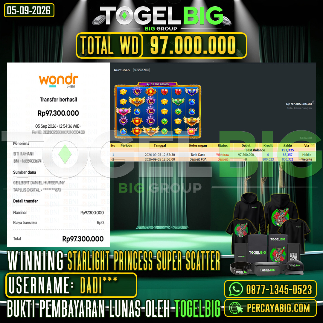 TOGELBIG JACKPOT SLOT STARLIGHT PRINCESS SUPER SCATTER RP.97.000.000,- LUNAS USER ID : DADI***