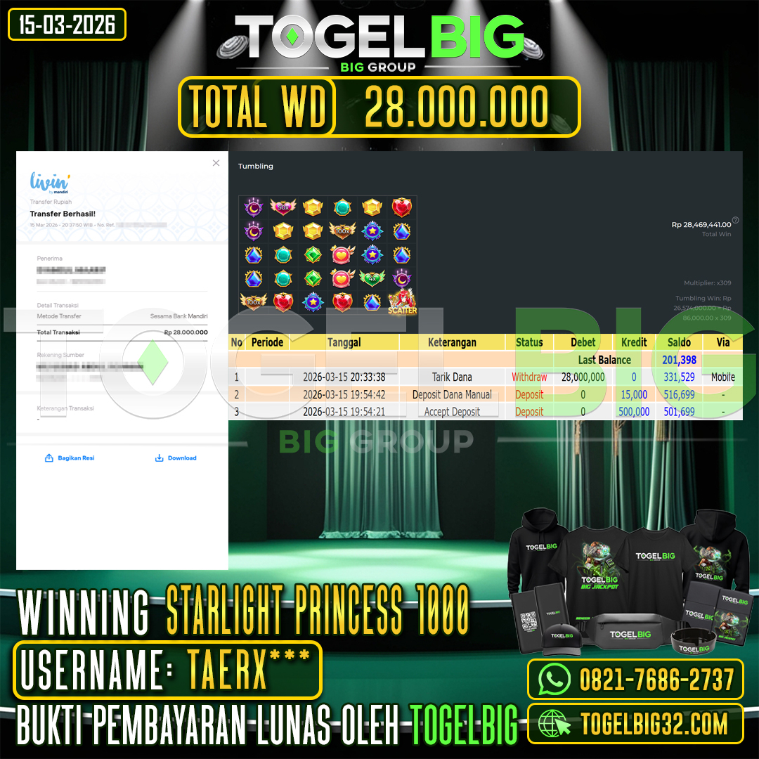 TOGELBIG  JACKPOT SLOT STARLIGHT PRINCESS 1000  RP.28.000.000,- LUNAS USER ID :  TAERX***