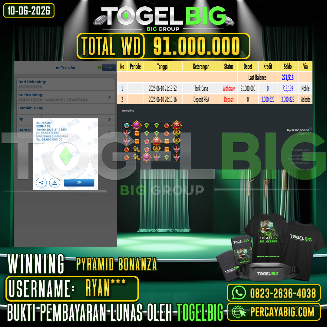TOGELBIG  JACKPOT SLOT PYRAMID BONANZA RP.91.000.000,- LUNAS USER ID : RYAN***