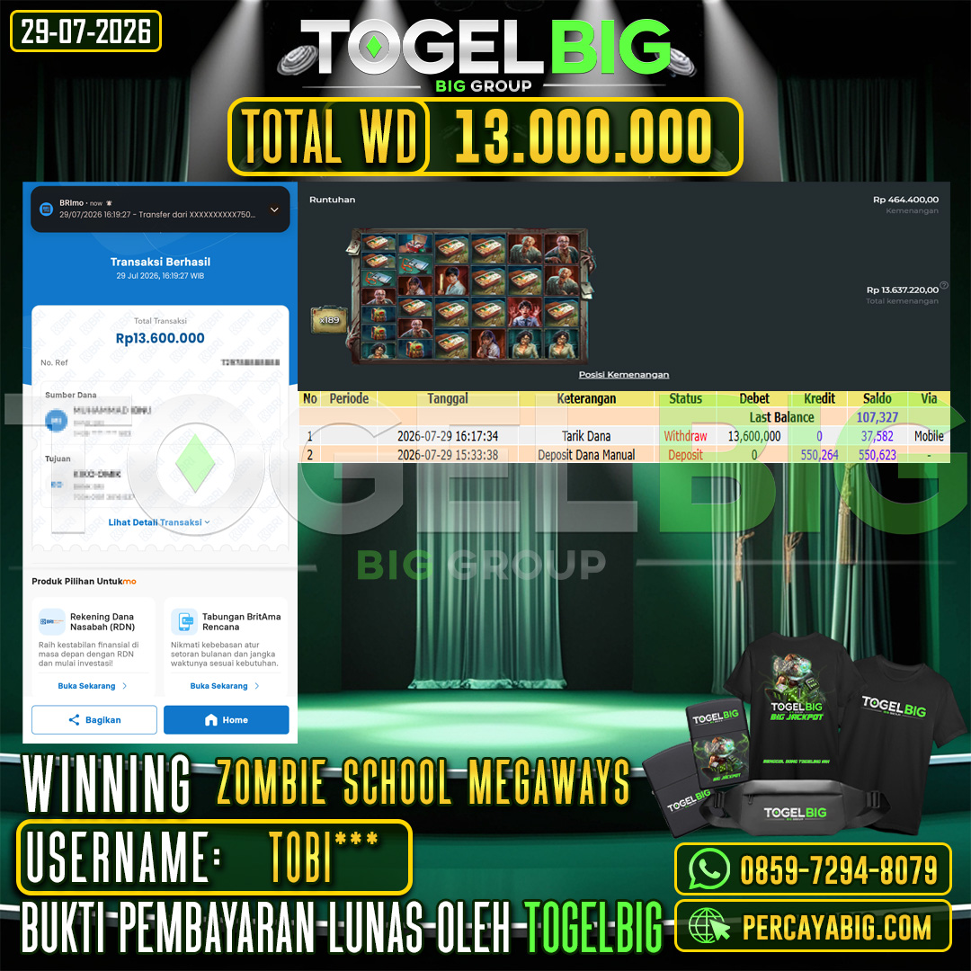 TOGELBIG  JACKPOT SLOT ZOMBIE SCHOOL MEGAWAYS RP.13.000.000,- LUNAS USER ID : TOBI***