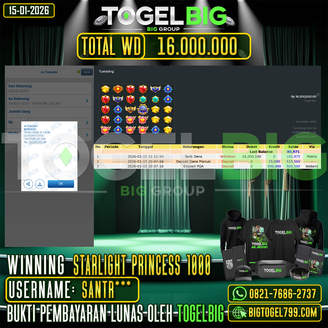 TOGELBIG JACKPOT SLOT STARLIGHT PRINCESS 1000 RP.16.000.000,- LUNAS USER ID :  SANTR***