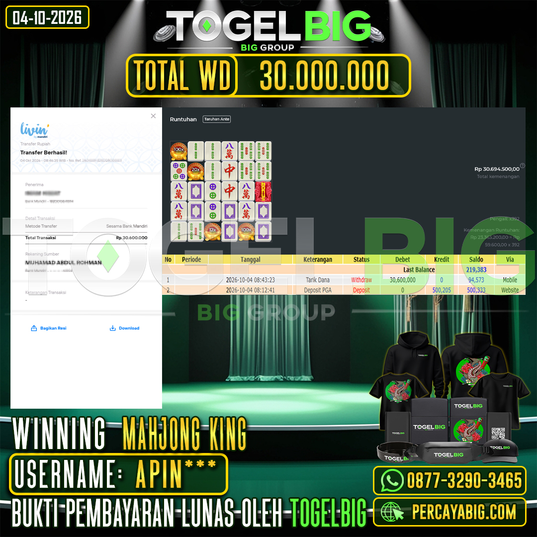 TOGELBIG JACKPOT SLOT MAHJONG KING RP.30.000.000,- LUNAS USER ID : APIN***