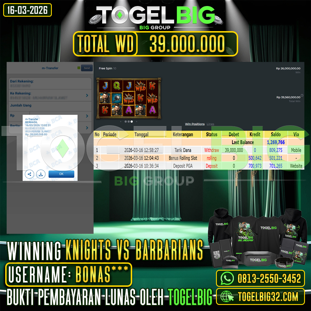 TOGELBIG  JACKPOT SLOT KNIGHTS VS BARBARIANS RP.39.000.000,- LUNAS USER ID :  BONAS***