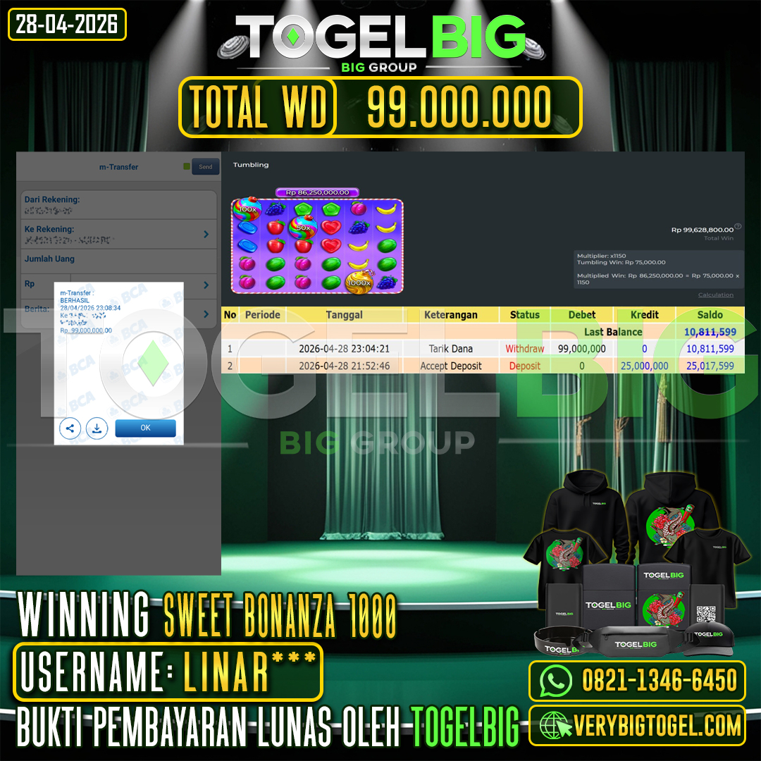 TOGELBIG  JACKPOT SLOT SWEET BONANZA 1000 RP.99.000.000,- LUNAS USER ID :  LINAR***