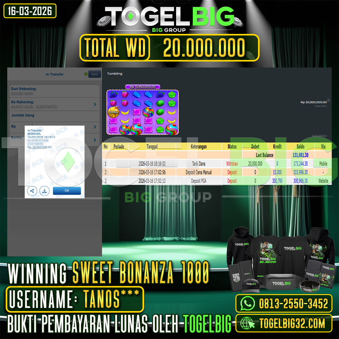 TOGELBIG  JACKPOT SLOT SWEET BONANZA 1000 RP.20.000.000,- LUNAS USER ID :  TANOS***