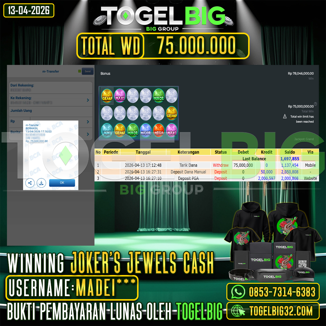 TOGELBIG  JACKPOT SLOT  JOKER'S JEWELS CASH  RP.75.000.000,- LUNAS USER ID :  MADEI***