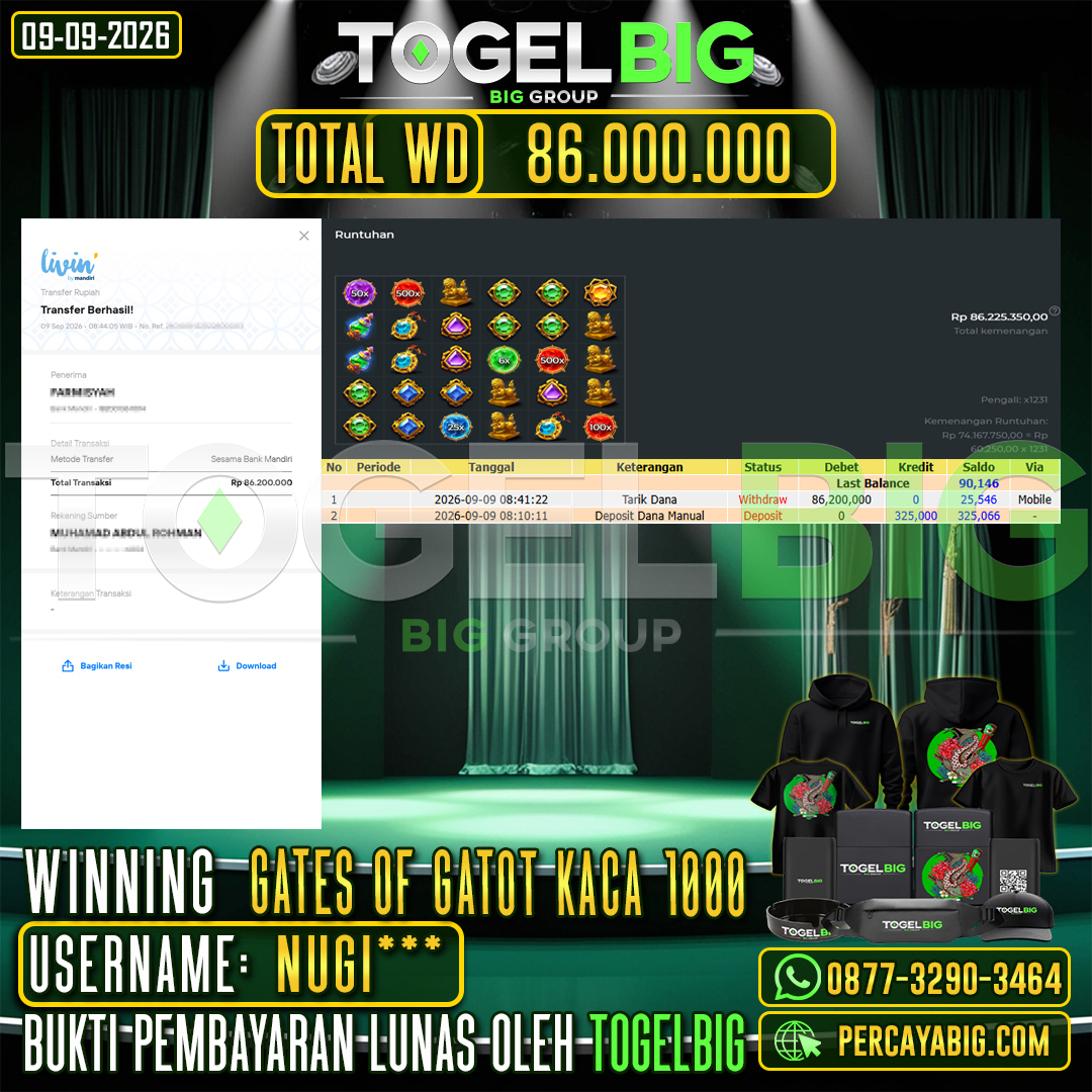 TOGELBIG JACKPOT SLOT GATES OF GATOT KACA 1000 RP.86.000.000,- LUNAS USER ID : NUGI***