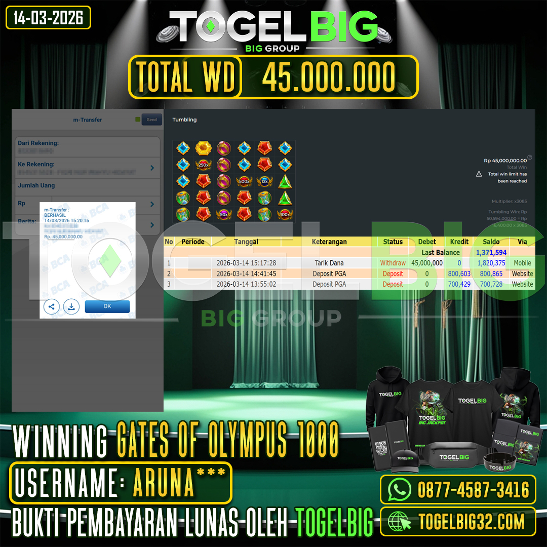 TOGELBIG  JACKPOT SLOT  GATES OF OLYMPUS 1000  RP.45.000.000,- LUNAS USER ID :  ARUNA***