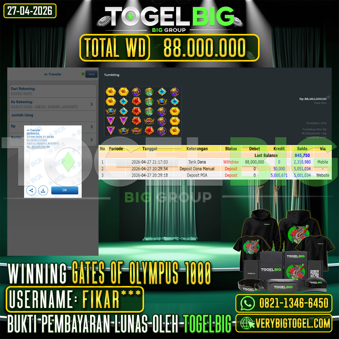 TOGELBIG  JACKPOT SLOT GATES OF OLYMPUS 1000  RP.88.000.000,- LUNAS USER ID :  FIKAR***