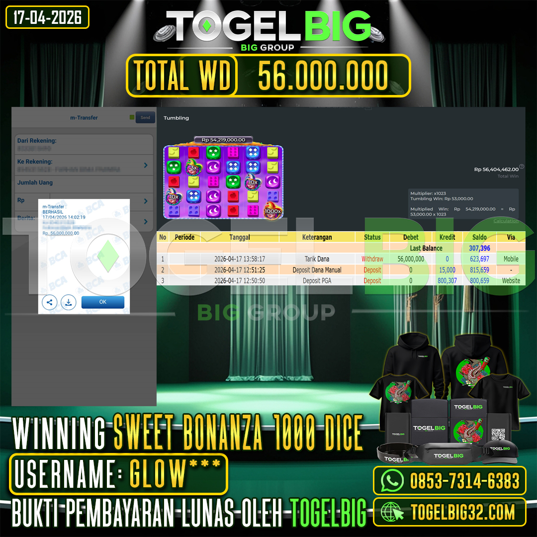 TOGELBIG  JACKPOT SLOT  SWEET BONANZA 1000 DICE RP.56.000.000,- LUNAS USER ID :  GLOW***