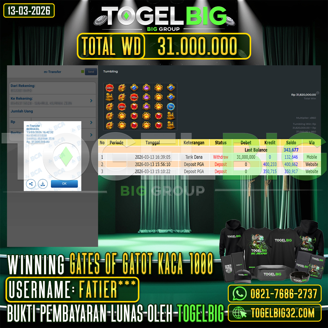 TOGELBIG  JACKPOT SLOT  GATES OF GATOT KACA 1000 RP.31.000.000,- LUNAS USER ID :  FATIER***