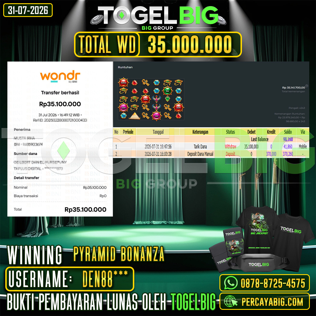TOGELBIG  JACKPOT SLOT PYRAMID BONANZA RP.35.000.000,- LUNAS USER ID : DEN88***