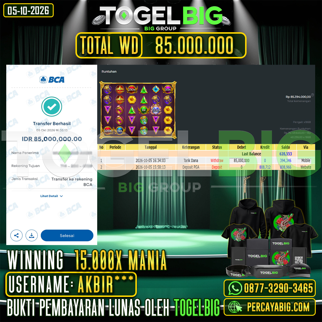 TOGELBIG JACKPOT SLOT 15.000X MANIA RP.85.000.000,- LUNAS USER ID : AKBIR***