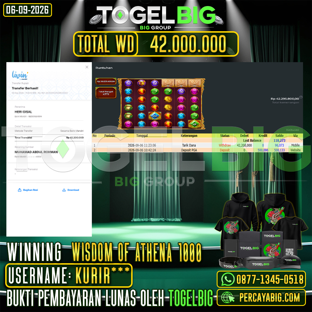 TOGELBIG JACKPOT SLOT WISDOM OF ATHENA 1000 RP.42.000.000,- LUNAS USER ID : KURIR***