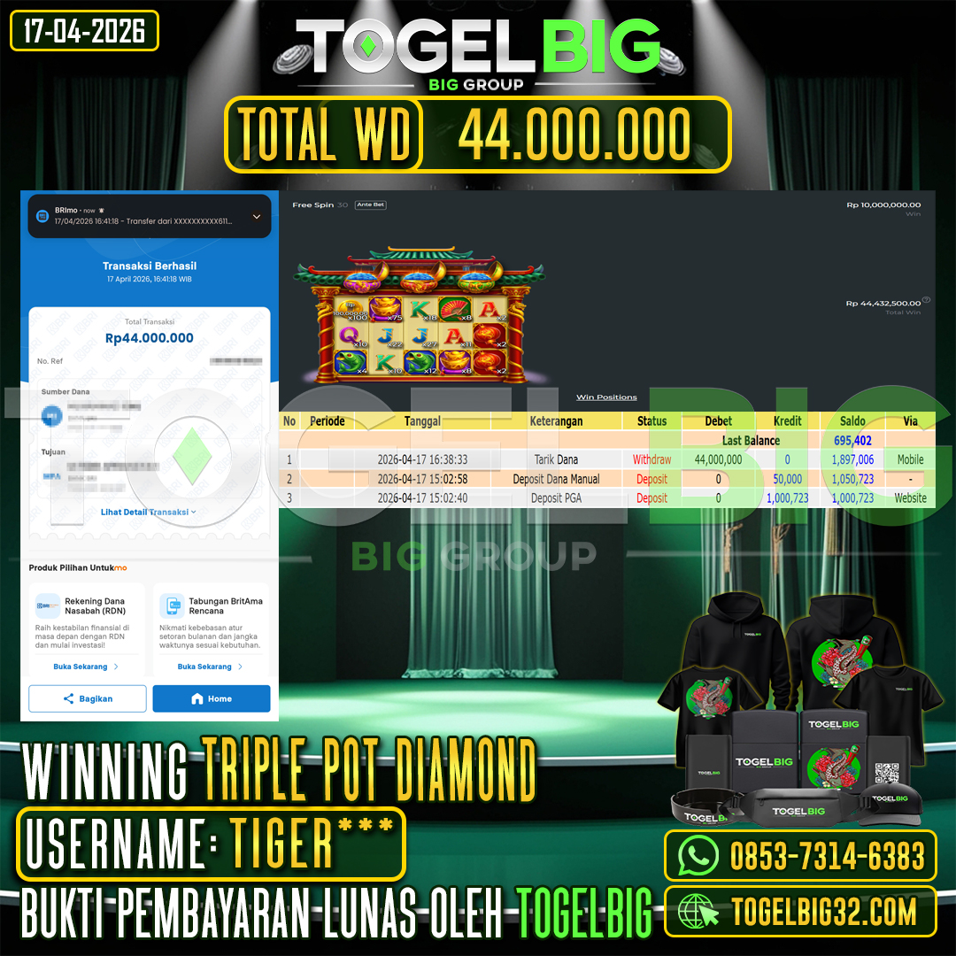 TOGELBIG  JACKPOT SLOT  TRIPLE POT DIAMOND  RP.44.000.000,- LUNAS USER ID :  TIGER***