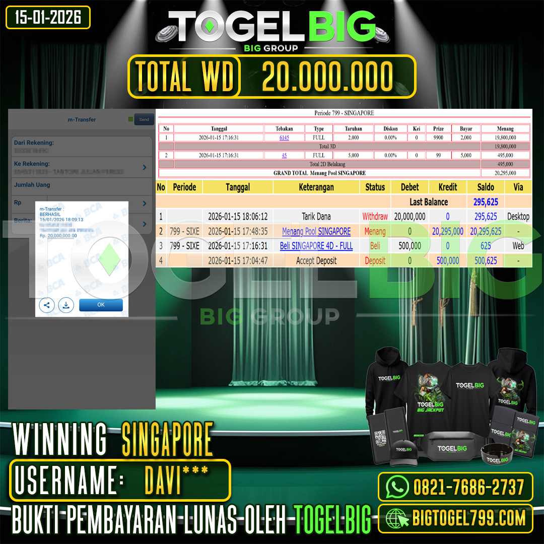 TOGELBIG JACKPOT TOGEL PASARAN SINGAPORE RP.20.000.000,- LUNAS USER ID :  DAVI***