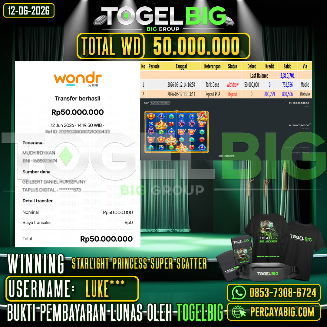 TOGELBIG  JACKPOT SLOT STARLIGHT PRINCESS SUPER SCATTER RP.50.000.000,- LUNAS USER ID : LUKE***