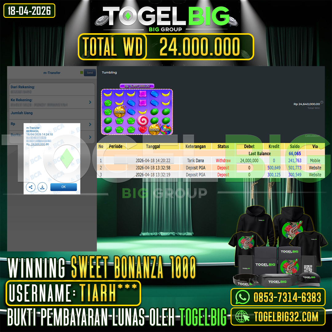 TOGELBIG  JACKPOT SLOT SWEET BONANZA 1000  RP.24.000.000,- LUNAS USER ID :  TIARH***