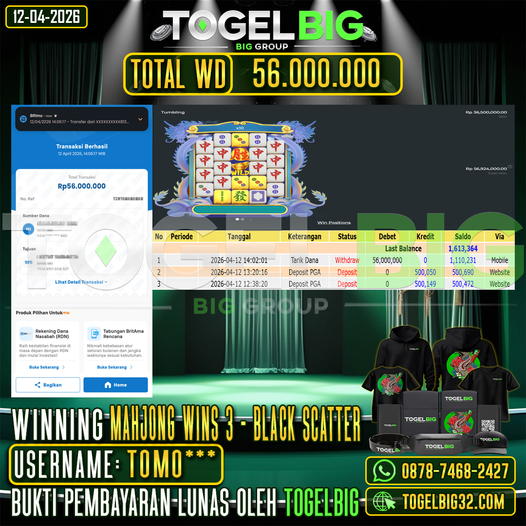TOGELBIG  JACKPOT SLOT MAHJONG WINS 3 - BLACK SCATTER   RP.56.000.000,- LUNAS USER ID :  TOMO***