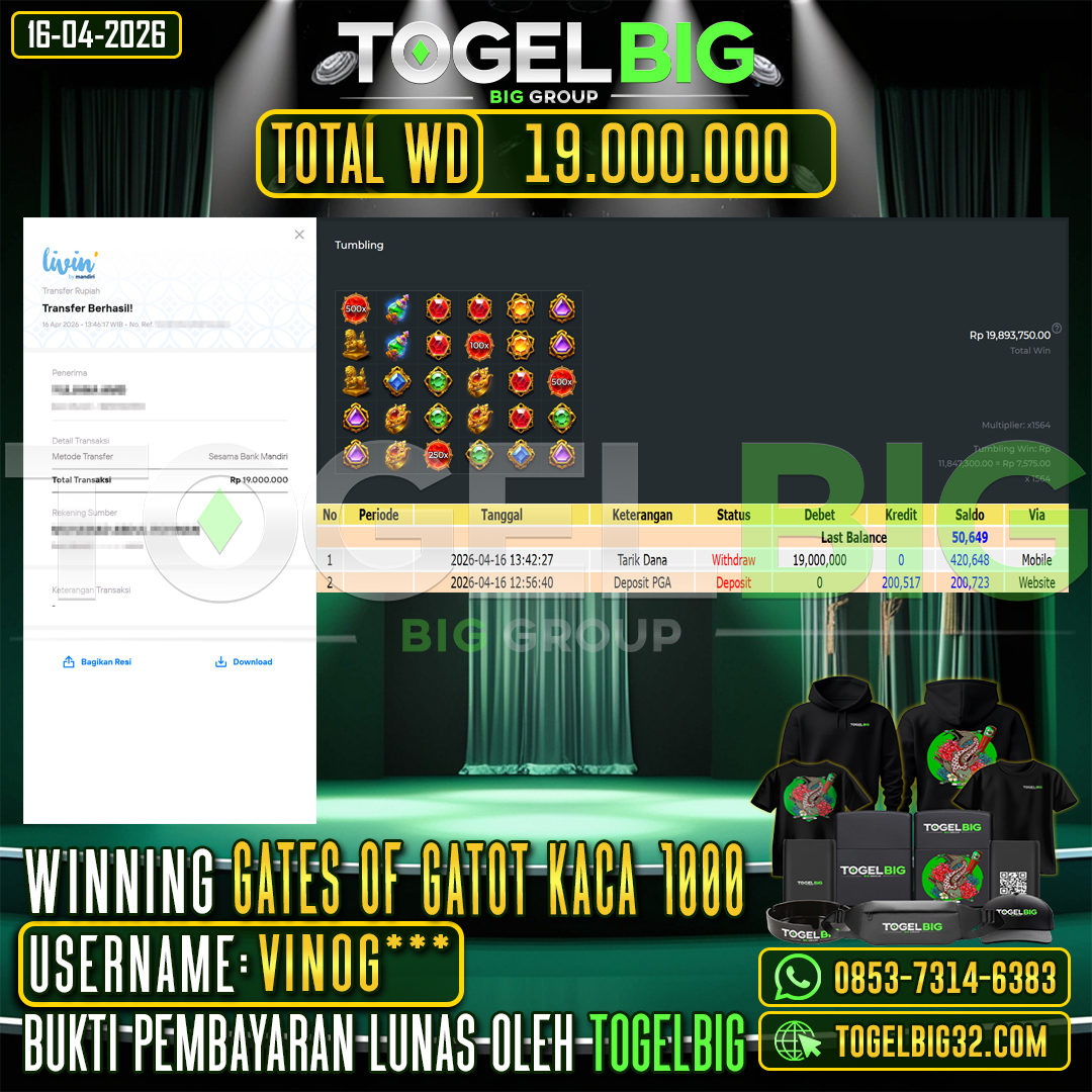 TOGELBIG  JACKPOT SLOT  GATES  OF GATOT KACA 1000 RP.19.000.000,- LUNAS USER ID :  VINOG***
