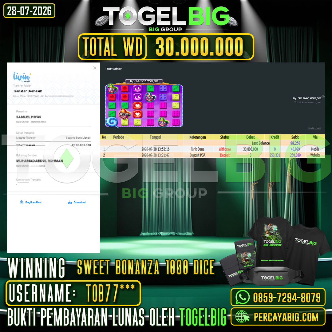 TOGELBIG  JACKPOT SLOT SWEET BONANZA 1000 DICE RP.30.000.000,- LUNAS USER ID : TOB77***