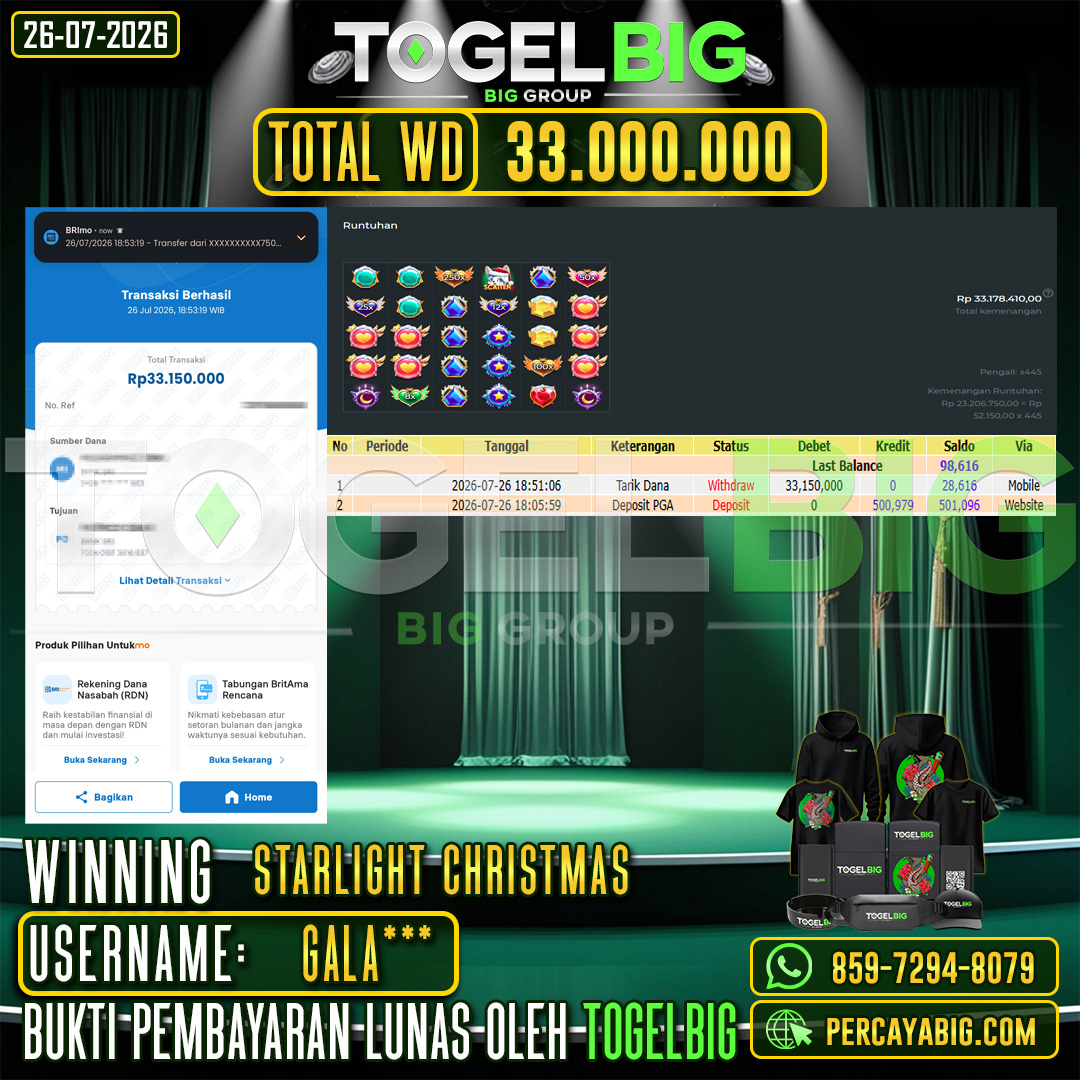 TOGELBIG  JACKPOT SLOT STARLIGHT CHRISTMAS RP.33.000.000,- LUNAS USER ID : GALA***