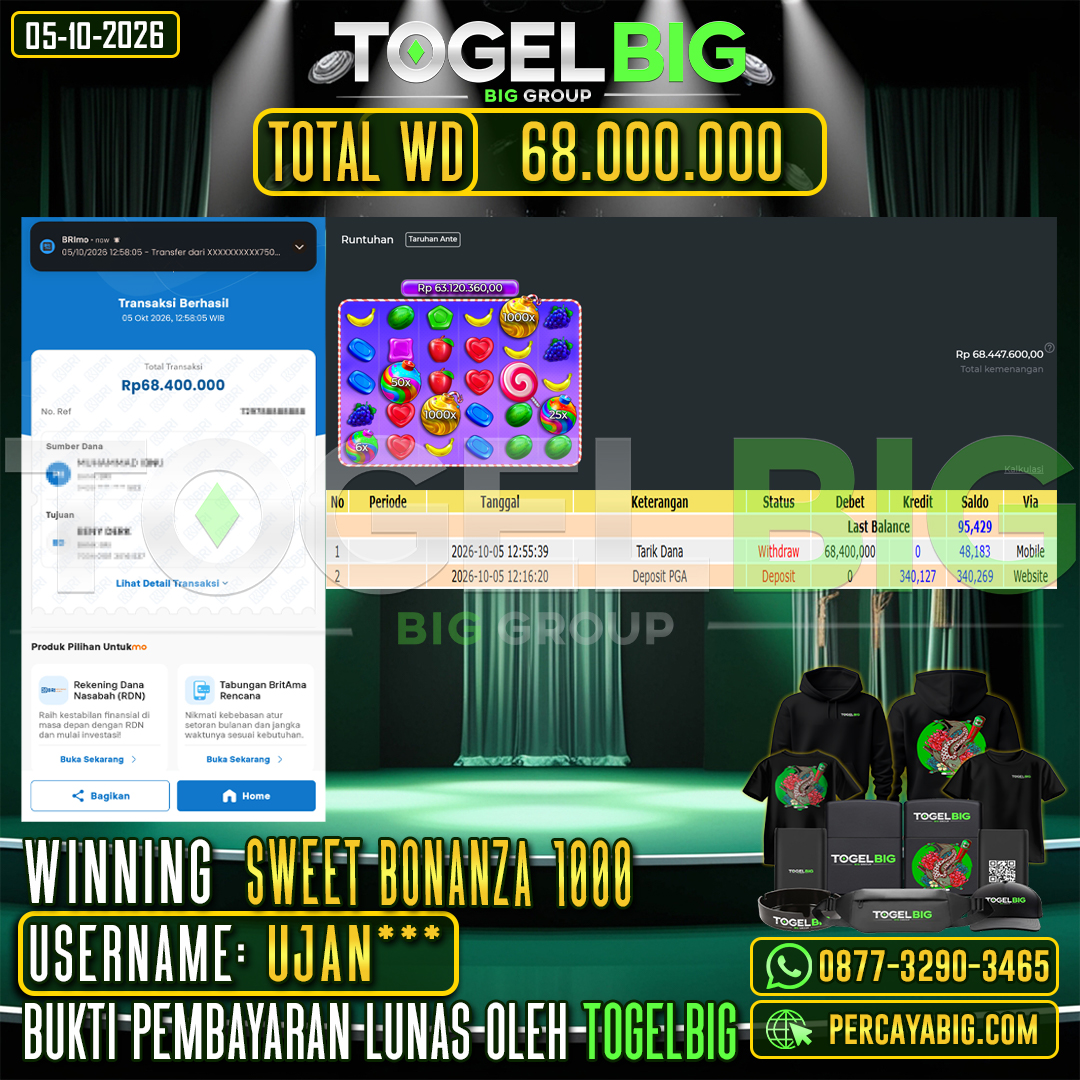 TOGELBIG JACKPOT SLOT SWEET BONANZA 1000  RP.68.000.000,- LUNAS USER ID : UJAN***
