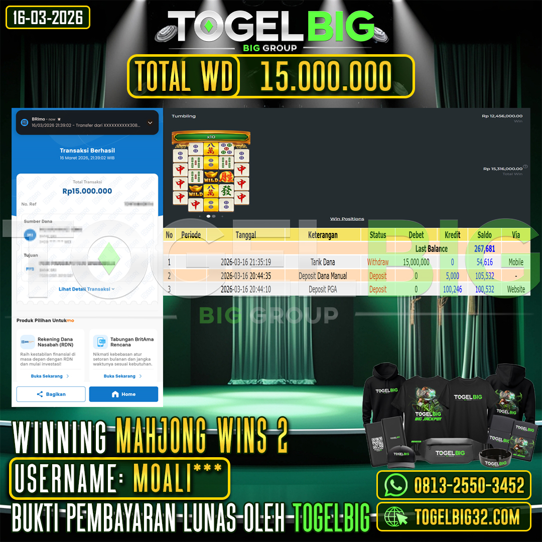 TOGELBIG  JACKPOT SLOT MAHJONG WINS 2  RP.15.000.000,- LUNAS USER ID :  MOALI***