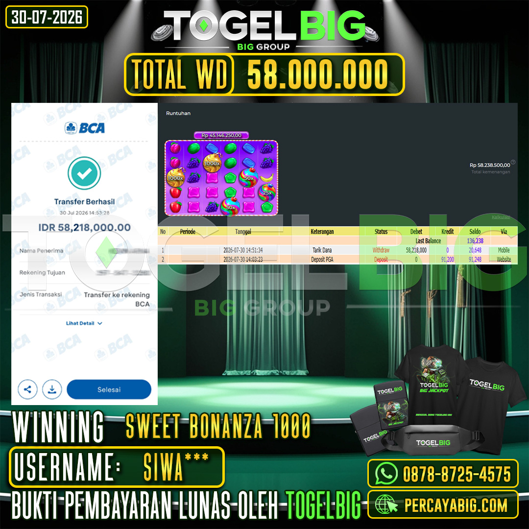 TOGELBIG  JACKPOT SLOT SWEET BONANZA 1000 RP.58.000.000,- LUNAS USER ID : SIWA***