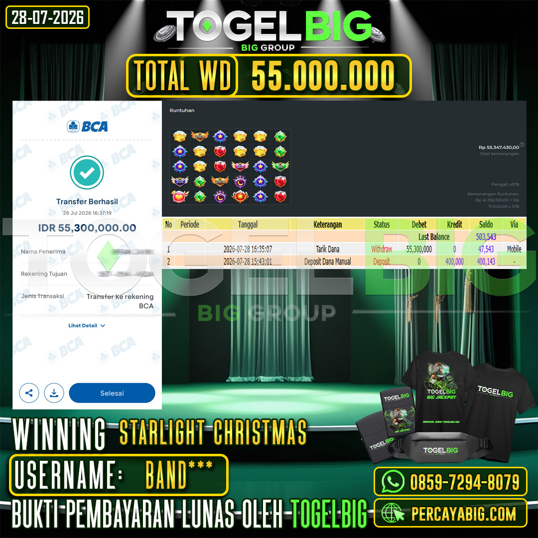 TOGELBIG  JACKPOT SLOT STARLIGHT CHRISTMAS RP.55.000.000,- LUNAS USER ID : BAND***