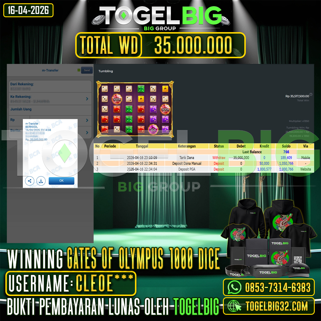 TOGELBIG  JACKPOT SLOT GATES OF OLYMPUS 1000 DICE RP.35.000.000,- LUNAS USER ID :  CLEOE***