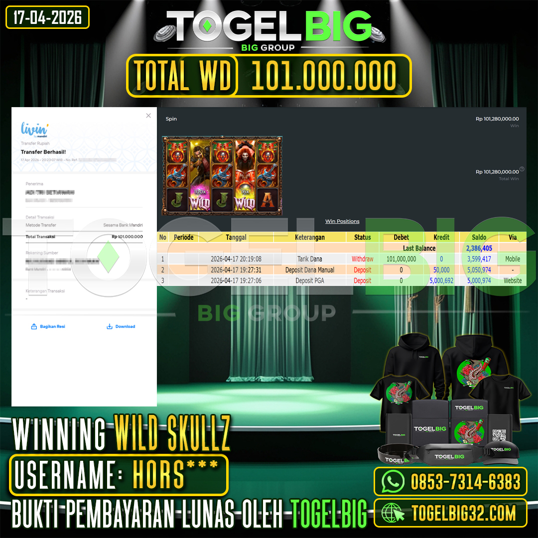TOGELBIG  JACKPOT SLOT  WILD SKULLZ  RP.101.000.000,- LUNAS USER ID :  HORS***