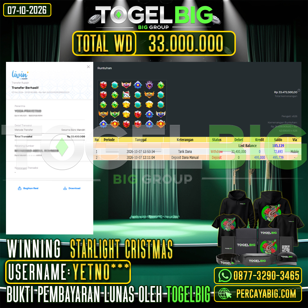 TOGELBIG JACKPOT SLOT STARLIGHT CRISTMAS RP.33.000.000,- LUNAS USER ID : YETNO***