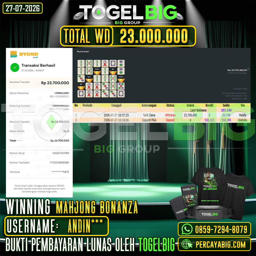 TOGELBIG  JACKPOT SLOT MAHJONG BONANZA RP.23.000.000,- LUNAS USER ID : ANDIN***