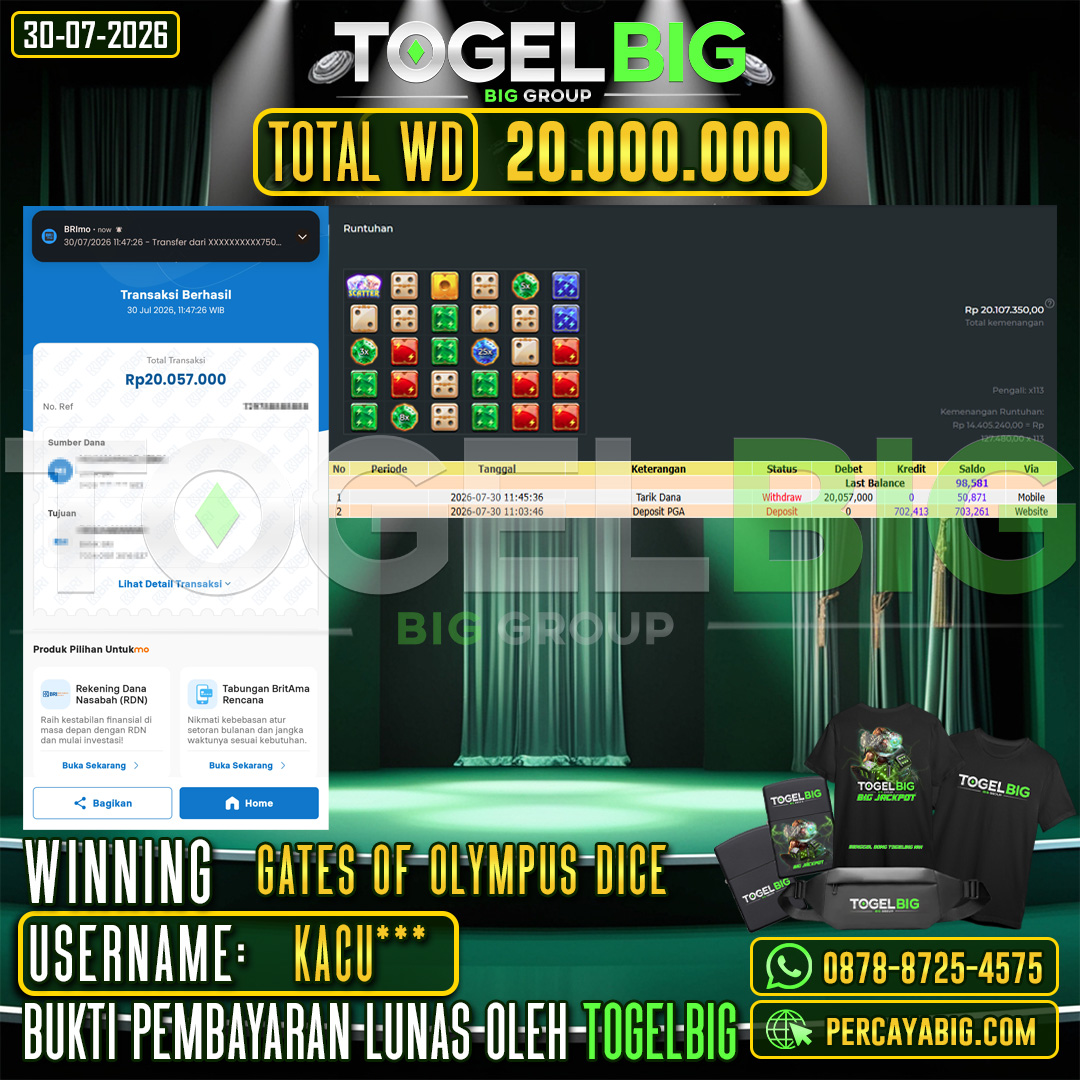TOGELBIG  JACKPOT SLOT GATES OF OLYMPUS DICE RP.20.000.000,- LUNAS USER ID : KACU***