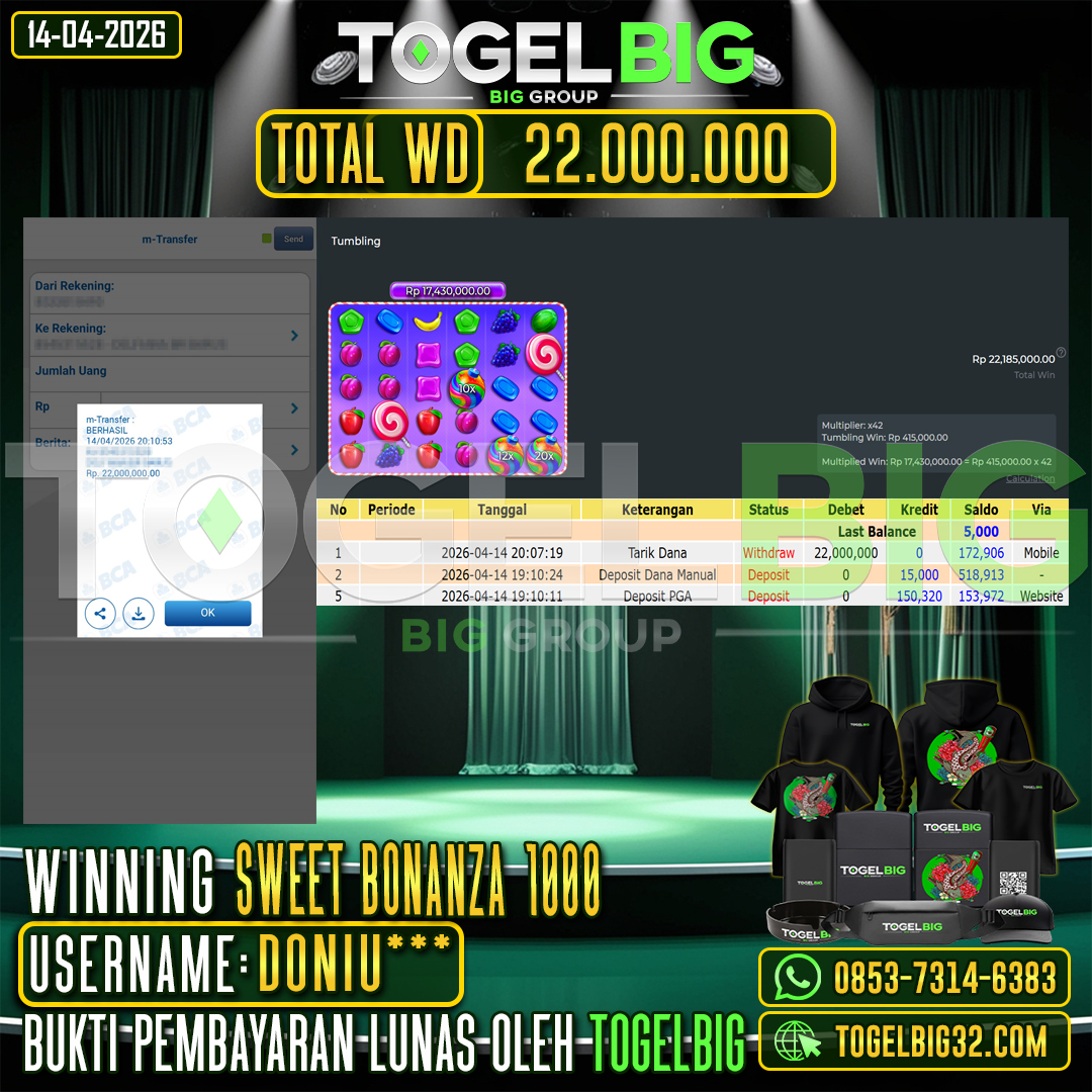 TOGELBIG  JACKPOT SLOT SWEET BONANZA 1000  RP.22.000.000,- LUNAS USER ID :  DONIU***