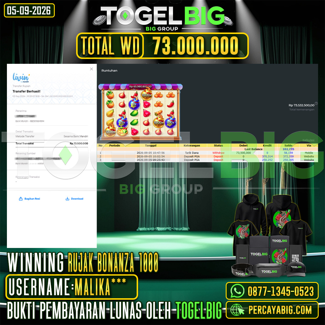 TOGELBIG JACKPOT SLOT RUJAK BONANZA 1000 RP.73.000.000,- LUNAS USER ID : MALIKA***