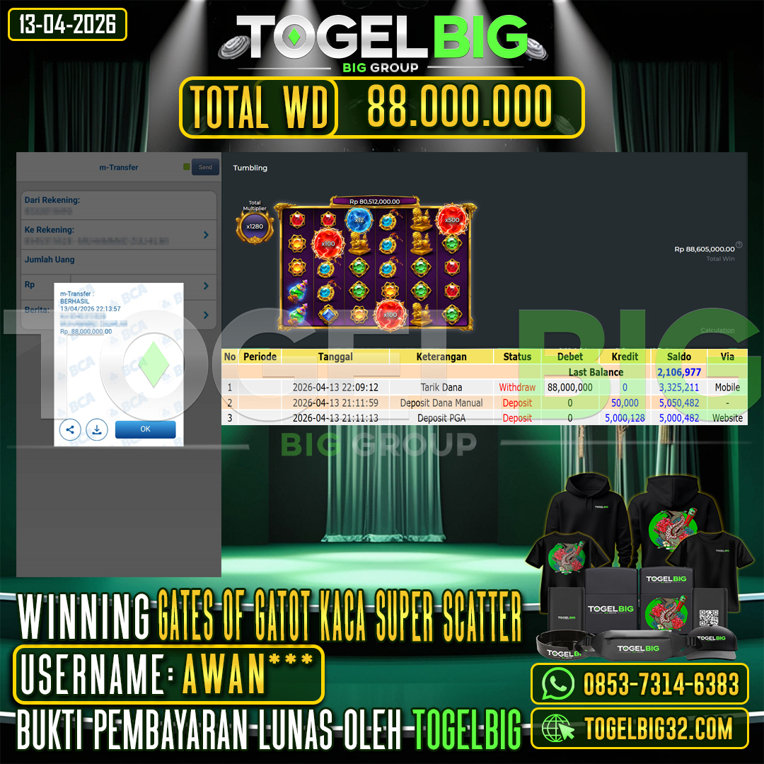 TOGELBIG  JACKPOT SLOT GATES OF GATOT KACA SUPER SCATTER RP.88.000.000,- LUNAS USER ID :  AWAN***
