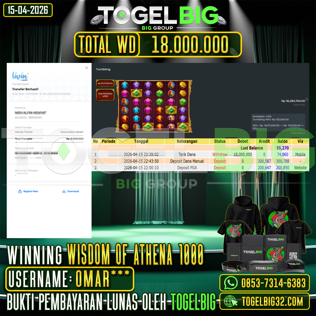 TOGELBIG  JACKPOT SLOT  WISDOM OF ATHENA 1000 RP.18.000.000,- LUNAS USER ID :  OMAR***