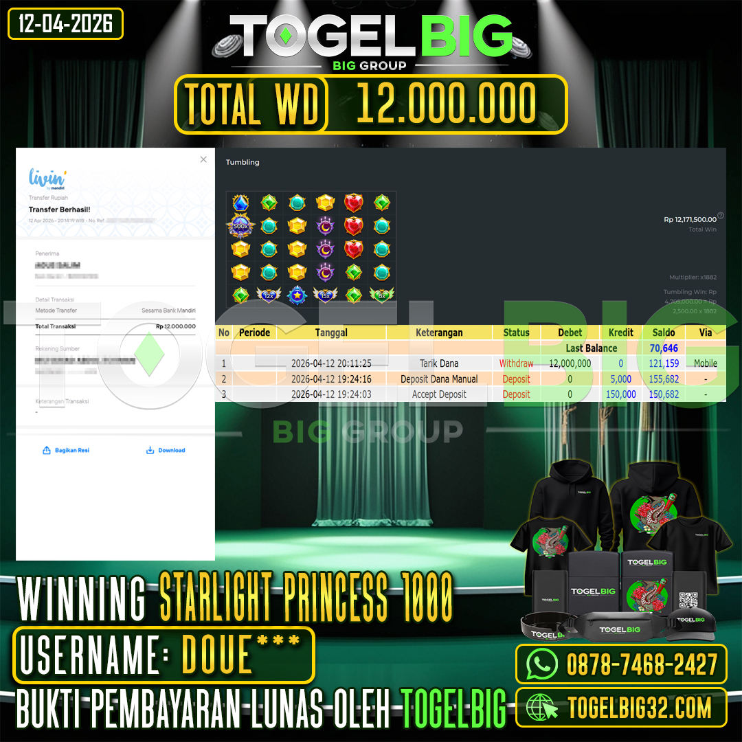 TOGELBIG  JACKPOT SLOT STARLIGHT PRINCESS 1000  RP.12.000.000,- LUNAS USER ID :  DOUE***